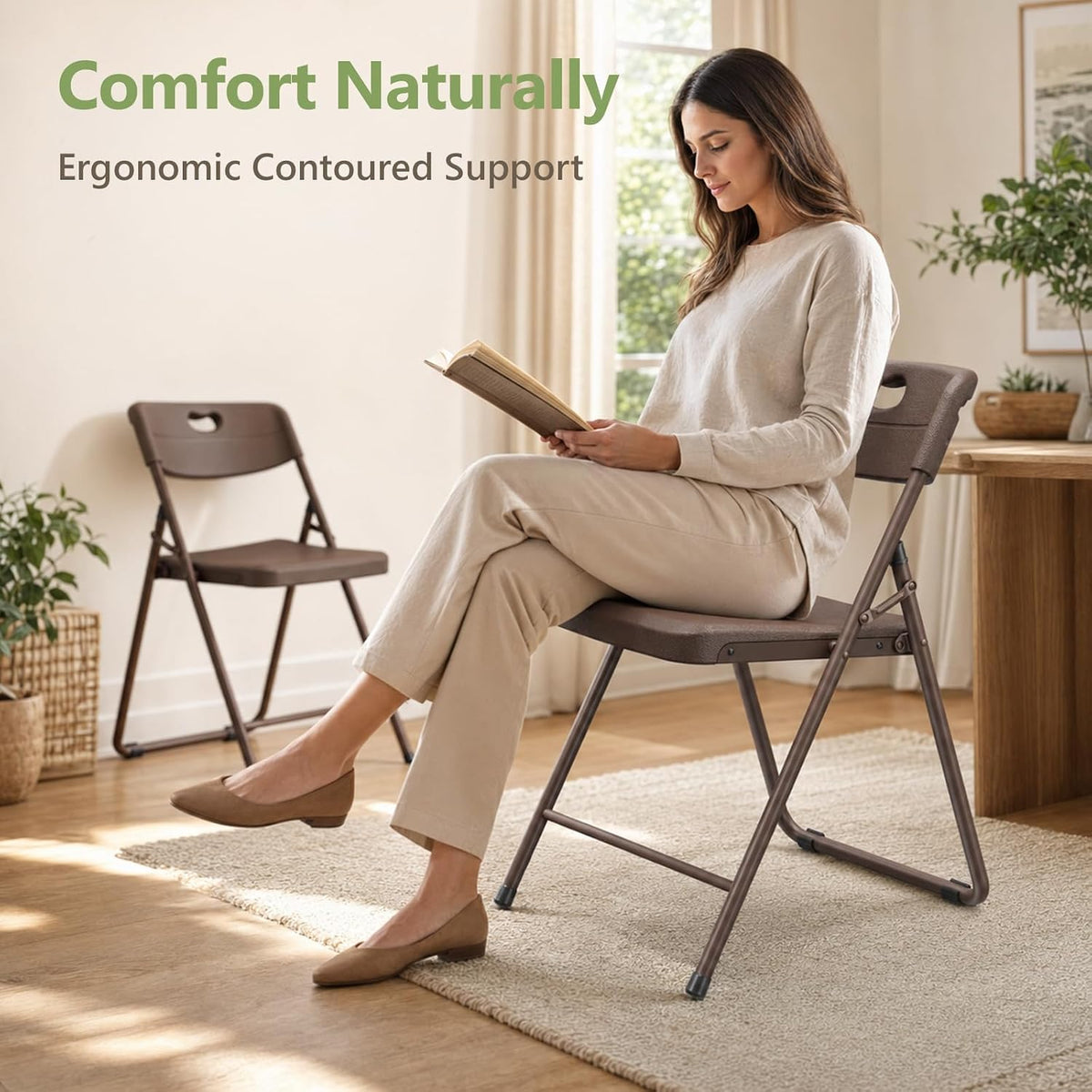 Folding Chairs 4 Pack, Outdoor Folding Chairs for Outside Indoor, Portable 450 lbs Capacity Heavy Duty Plastic Metal Foldable Chairs Commercial Seating for Picnic, Party, Patio, Brown