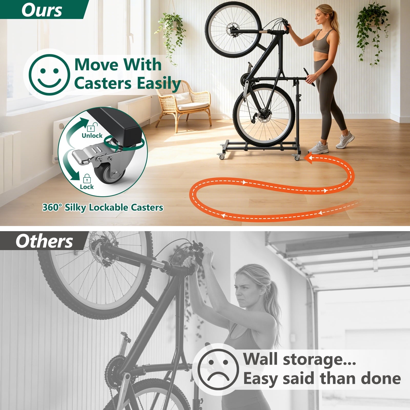 HaiNova Adjustable Height Vertical Bike Stand, Freestanding Bike Rack with Wheels for Garage & Apartment, Safe & Secure, for Wheels Sizes up to 29”