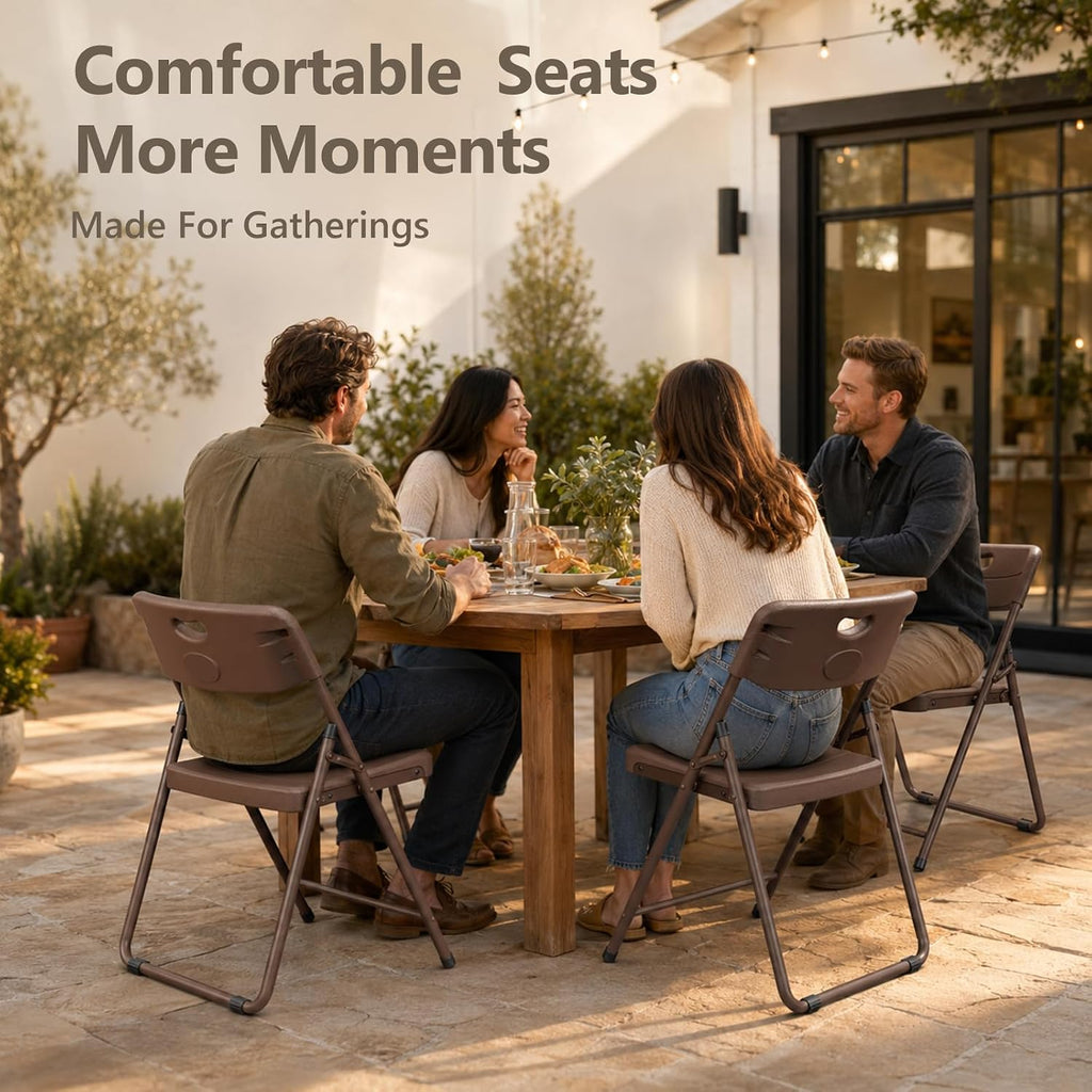 Folding Chairs 4 Pack, Outdoor Folding Chairs for Outside Indoor, Portable 450 lbs Capacity Heavy Duty Plastic Metal Foldable Chairs Commercial Seating for Picnic, Party, Patio, Brown