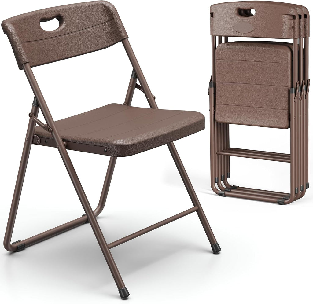 Folding Chairs 4 Pack, Outdoor Folding Chairs for Outside Indoor, Portable 450 lbs Capacity Heavy Duty Plastic Metal Foldable Chairs Commercial Seating for Picnic, Party, Patio, Brown