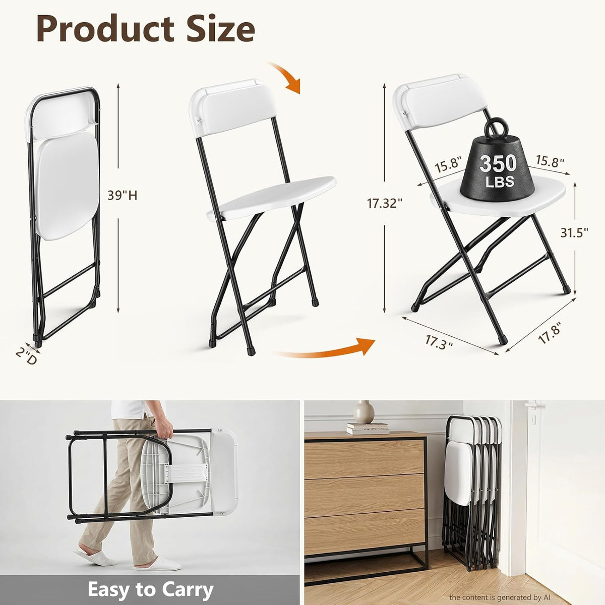 Folding Table Set with 2 Pack Folding Chairs, No Assembly Portable Event Table and Chairs Set, Heavy Duty Foldable Card Table and Chairs for Outdoor, Camping, Patio, Picnic, Dining, Indoor(White)