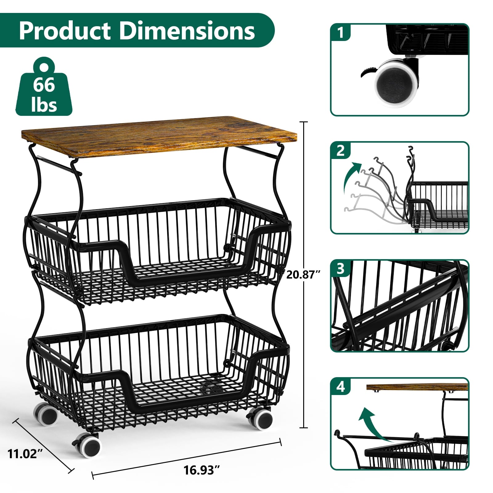 HaiNova 3-Tier Rolling Pantry Cart with Wheels and Top Shelf, Stackable Wire Snack Cart for Pantry Shelves, Kitchen Fruit, Vegetables Stand