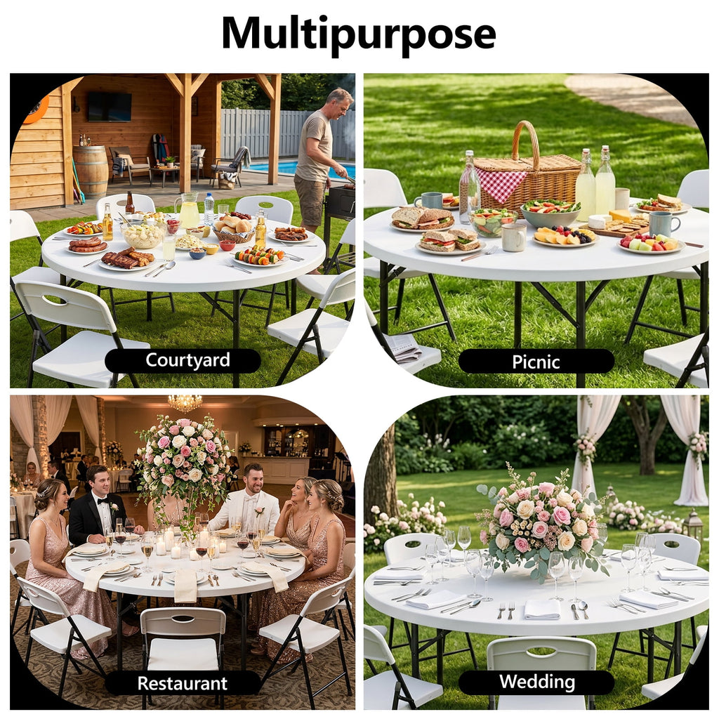 HaiNova 60in Round Folding Table, Heavy Duty Plastic Table for Commercial Event Wedding Party Desk, Accommodate 6-8 People, White