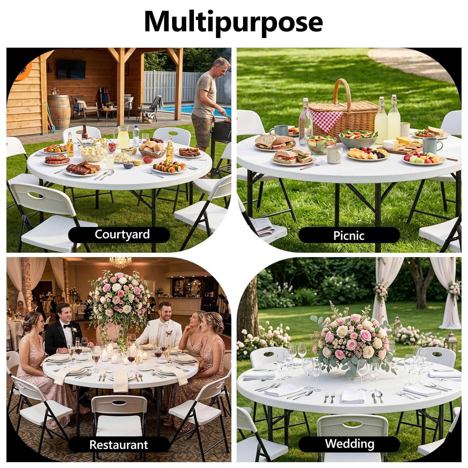 HaiNova 60in Round Folding Table, Heavy Duty Plastic Table for Commercial Event Wedding Party Desk, Accommodate 6-8 People, White