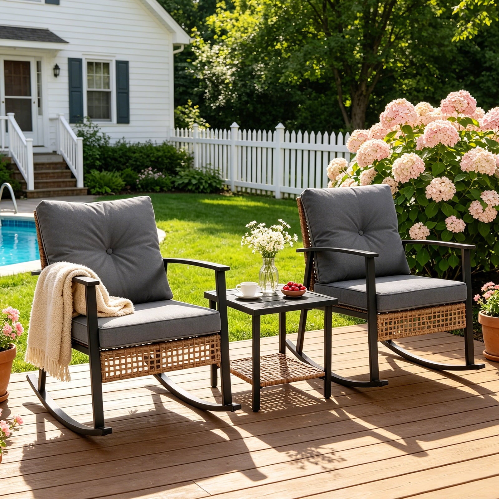 HaiNova 3 Piece Patio Rocking Chairs Set with Thick Warm Beige Cushions, Outdoor Rocking Chair Bistro Set with Chairs and Coffee Table Suitable for Garden, Backyard Porch and Balcony, Grey