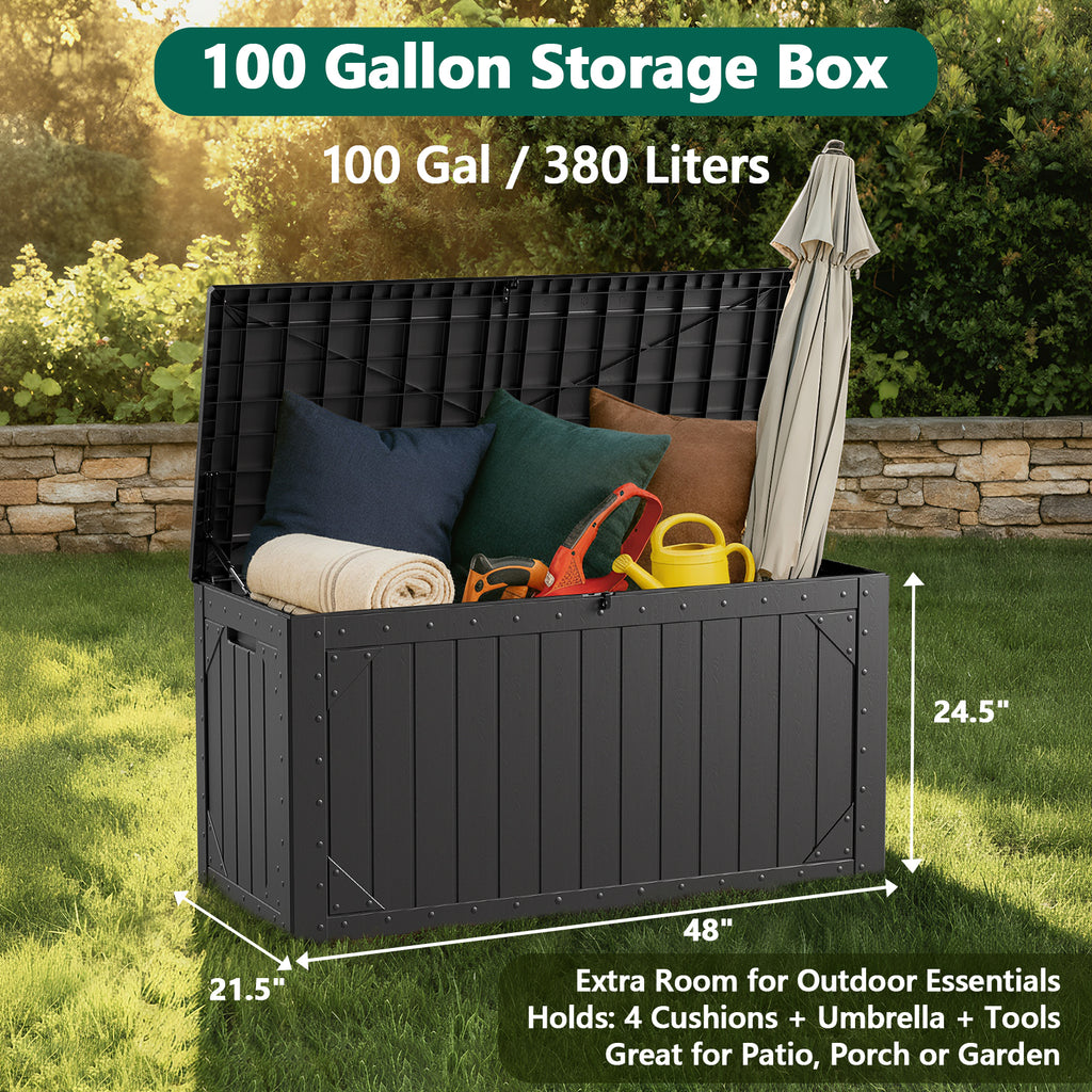 HaiNova 100 Gallon Outdoor Storage Resin Deck Box, Lockable Patio Outdoor Storage Box for Furniture, Garden Tools and Tools Storage, Waterproof, Black