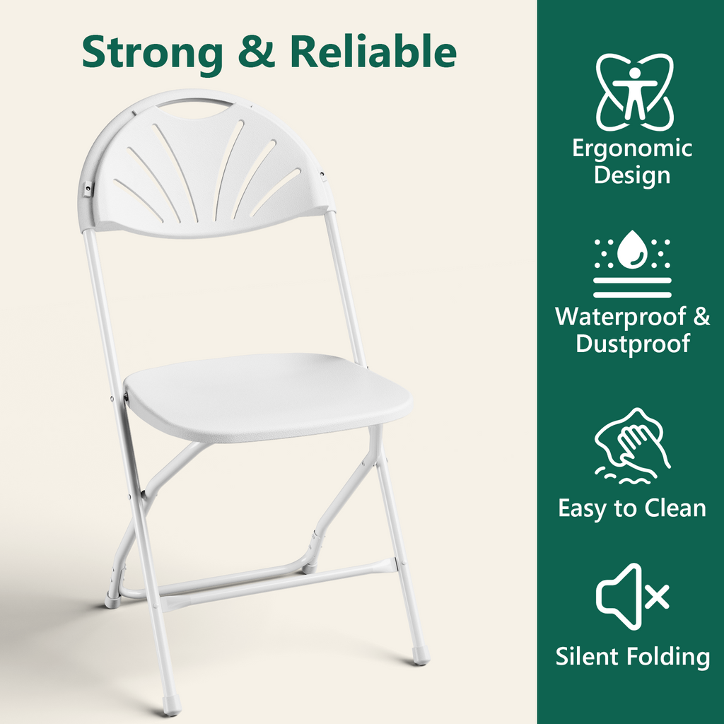 HaiNova 2 Pack Fan Back Folding Chairs, Metal Frame Indoor Outdoor Portable Stackable Seat, for Party Home Events Capacity 650 lbs, White