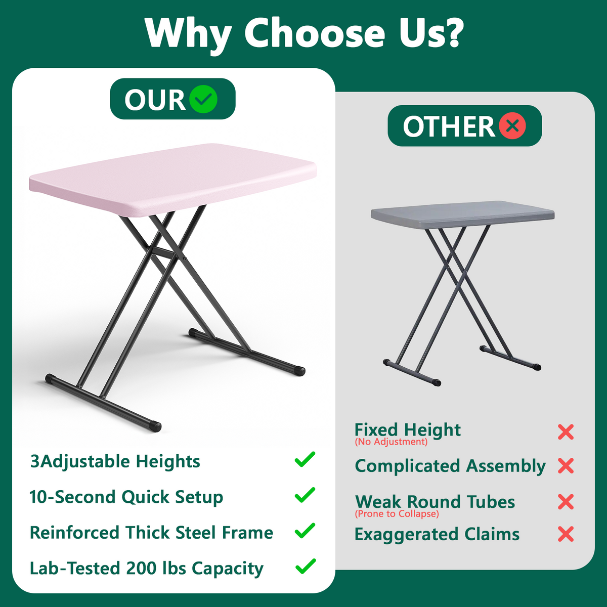 Folding Table 30 Inch - Small Desk Adjustable Height TV Tray for Laptop, Couch, Camping - Heavy Duty Utility Foldable Table for Small Spaces, No Assembly Required, Pink Granite