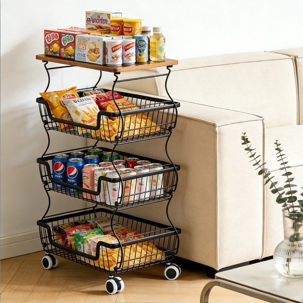 Kitchen Storage Cart on Wheels, 4 Tier Rolling Stackable Pantry Floor Organizer, Kitchen Fruit Basket Stand for Home Removable Metal Vegetable Rack Wire Snack Cart
