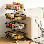 Kitchen Storage Cart on Wheels, 4 Tier Rolling Stackable Pantry Floor Organizer, Kitchen Fruit Basket Stand for Home Removable Metal Vegetable Rack Wire Snack Cart