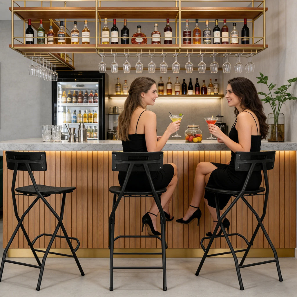 HaiNova Black Folding Bar Stool with Backrest, Blow-molded/Metal Frame, Durable and Sturdy Folding Chair for Indoor/Outdoor Kitchen Shop Cafe