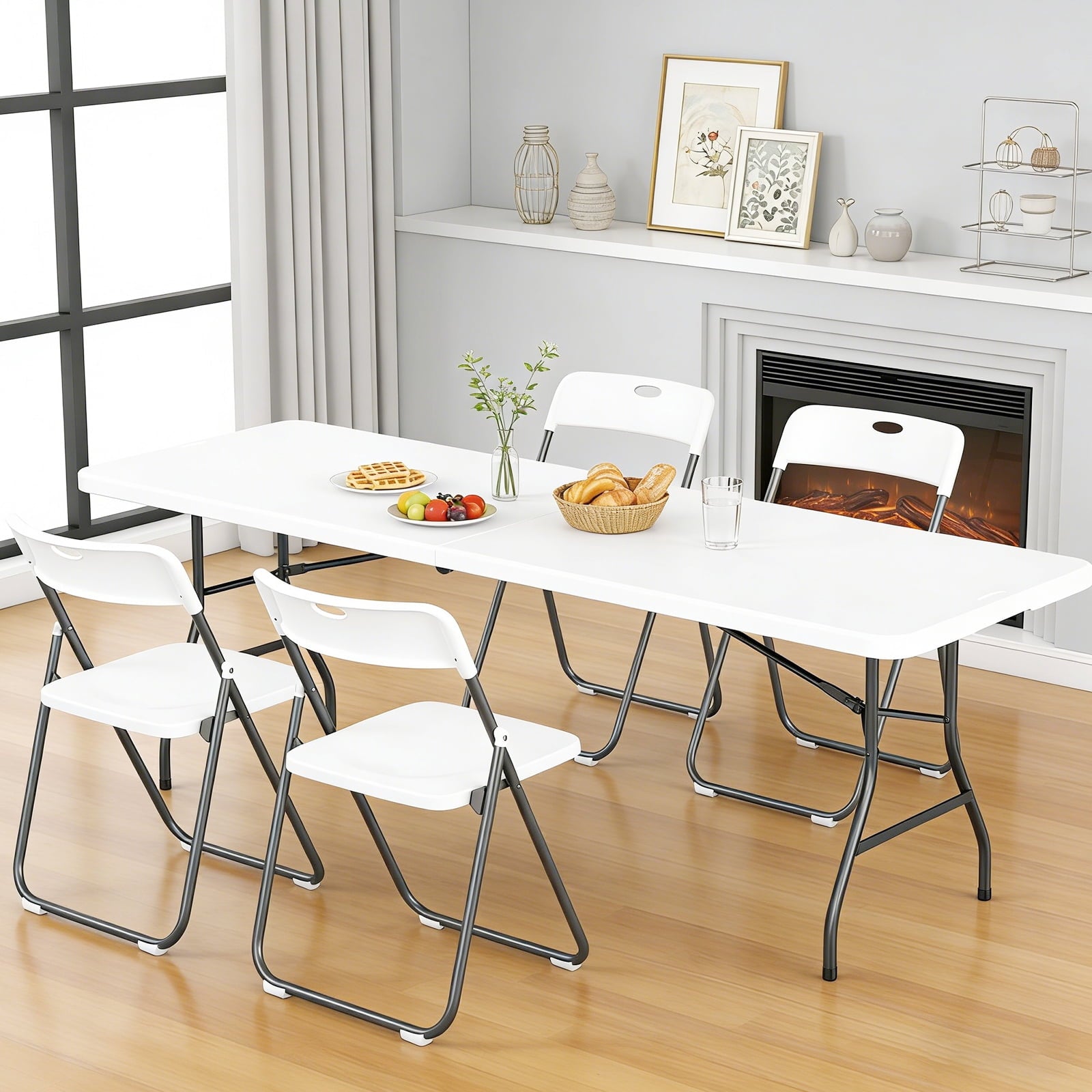 HaiNova 8FT Folding Table, Portable Heavy Duty Camping Table with Carrying Handle, Anti-fouling and Sun-Proof Suitable for Meetings, Parties, Camping and Weddings, White