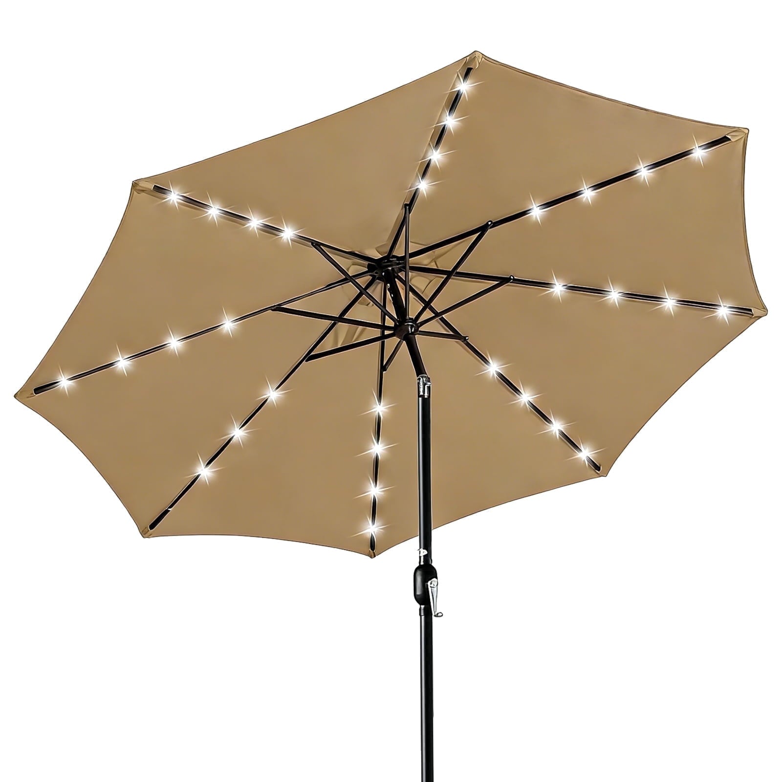 HaiNova 9ft Solar Patio Umbrella, Tilt Adjustment LED Outdoor Umbrella with 8 Reinforced Ribs for Garden, Backyard, Pool, Khaki