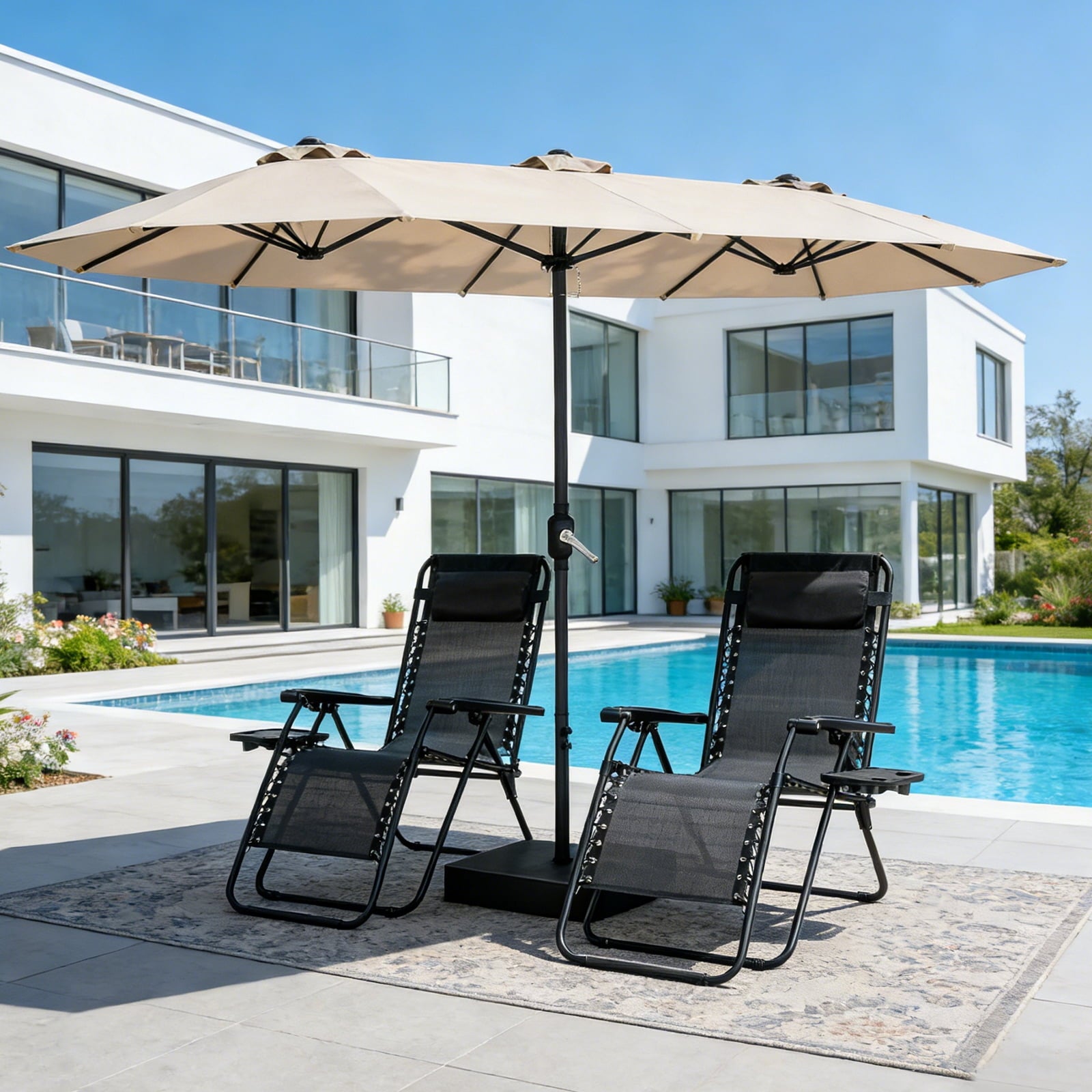 HaiNova 15Ft Patio Umbrella With Base-Mounted, Foldable And Portable Outdoor Sunshade For Backyards, Beaches And Gardens, Khaki
