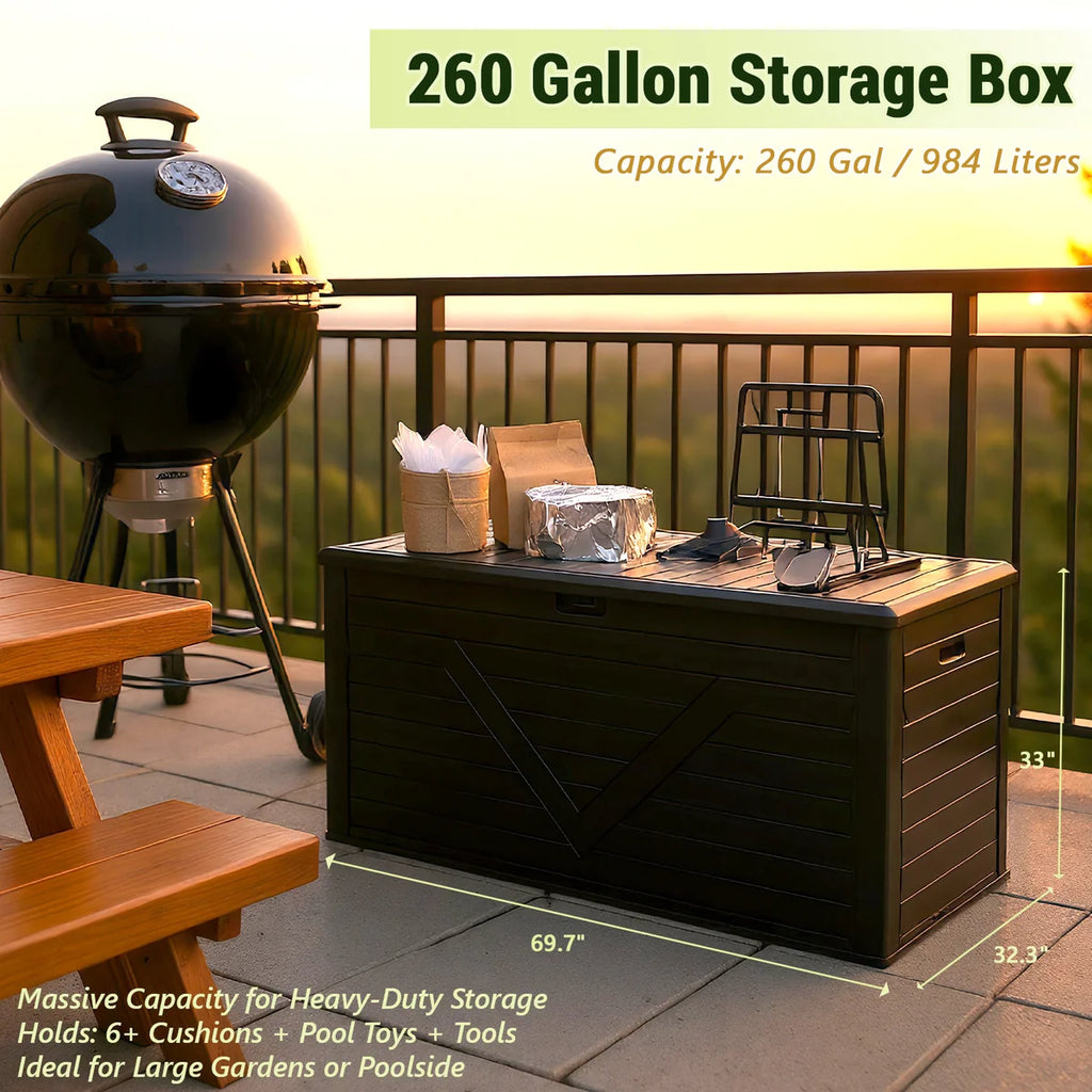 HaiNova 260 Gallon Outdoor Storage Box, Large Resin Deck Boxes Outdoor Waterproof, Deck Storage Box for Patio Furniture Outdoor Cushions, Throw Pillows, Garden Tools and Pool Floats, Black