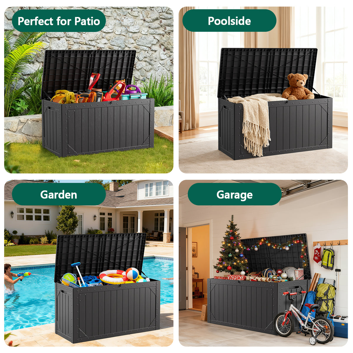 HaiNova 100 Gallon Outdoor Storage Resin Deck Box, Lockable Patio Outdoor Storage Box for Furniture, Garden Tools and Tools Storage, Waterproof, Black