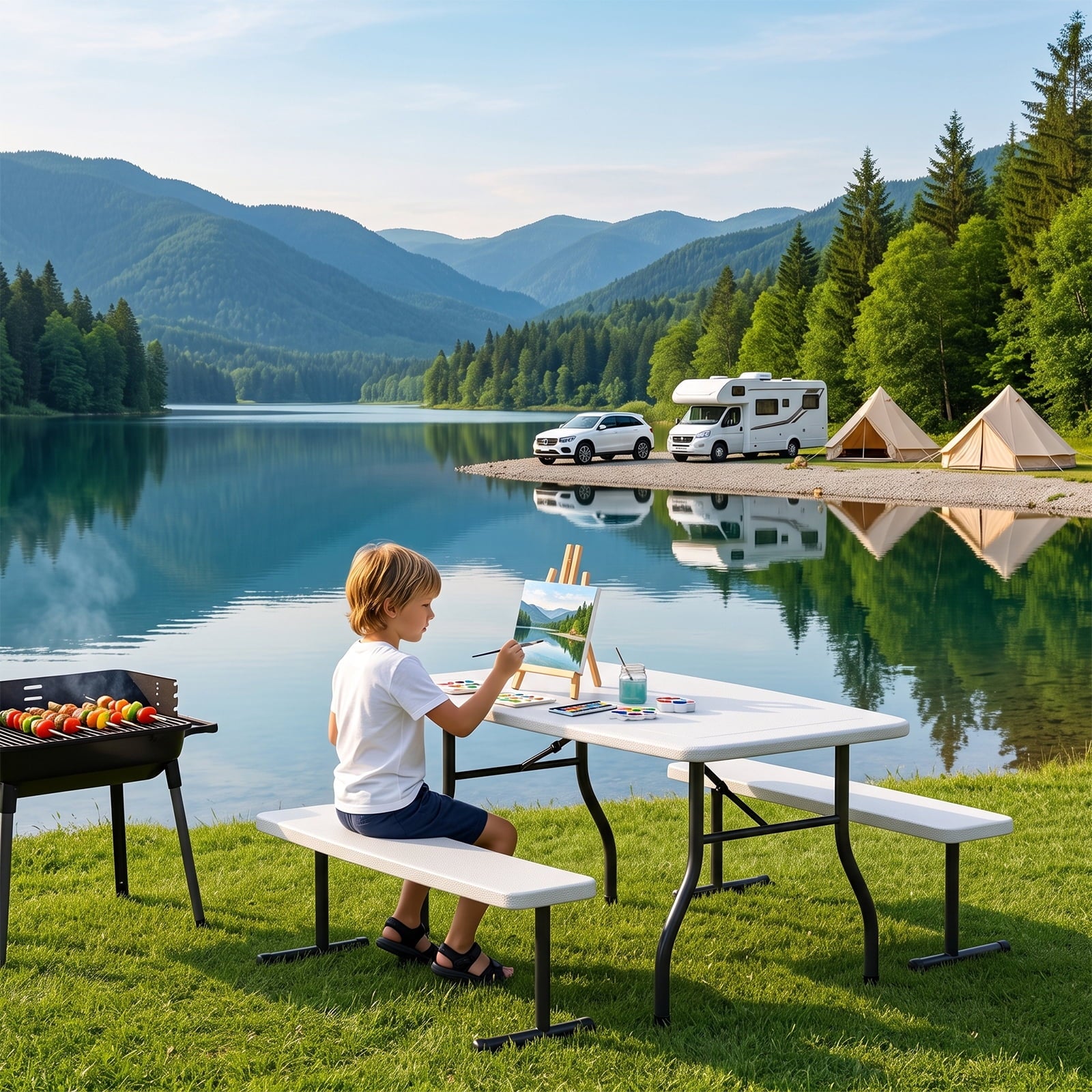 WLLJOY 3-Piece Kids Picnic Tableset, Outdoor Portable Small Table with Long Bench, Waterresistance and Easy to Clean, Suitable for Patio, Garden and living Room