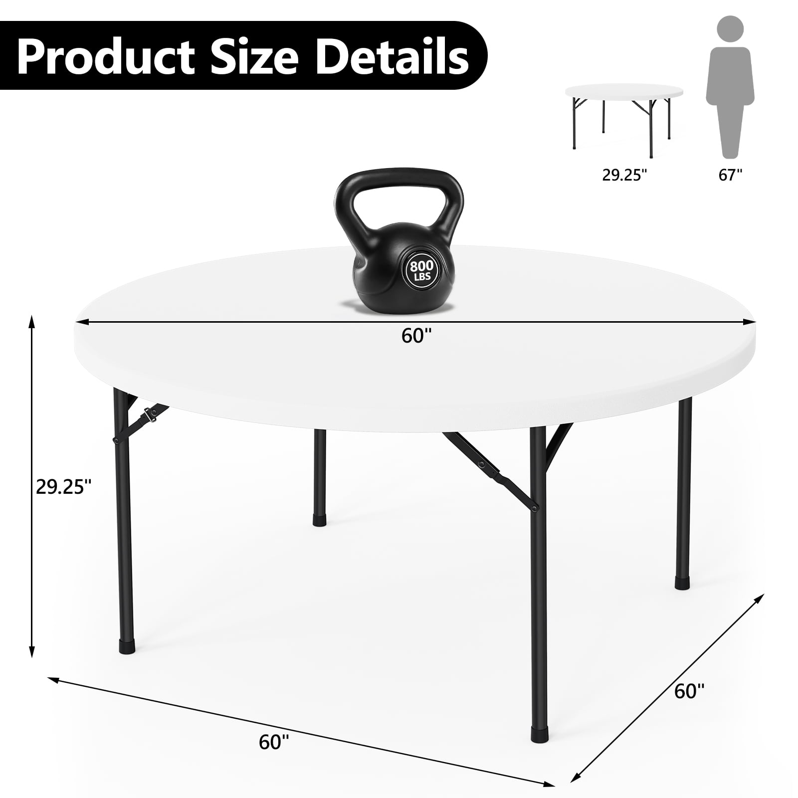 HaiNova 60in Round Folding Table, Heavy Duty Plastic Table for Commercial Event Wedding Party Desk, Accommodate 6-8 People, White