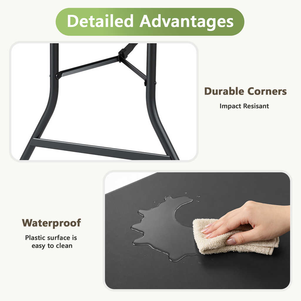 6ft Folding Table, Heavy Duty Plastic Card Table with Foldable Steel Legs, Metal Frame Support up to 600 lb, Portable for Indoor, Outdoor, Picnic, Camping, Dining, Party, Black