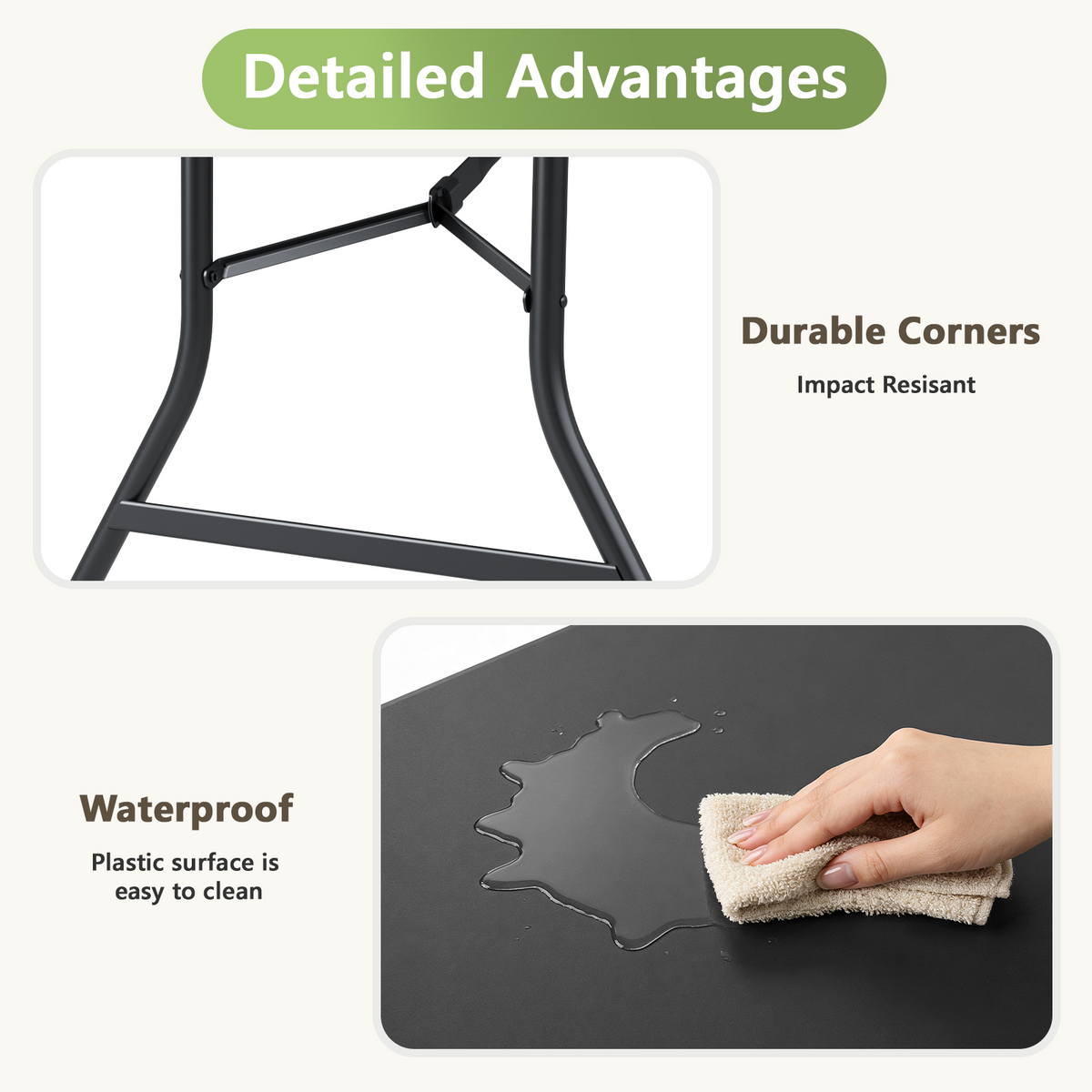 6ft Folding Table, Heavy Duty Plastic Card Table with Foldable Steel Legs, Metal Frame Support up to 600 lb, Portable for Indoor, Outdoor, Picnic, Camping, Dining, Party, Black