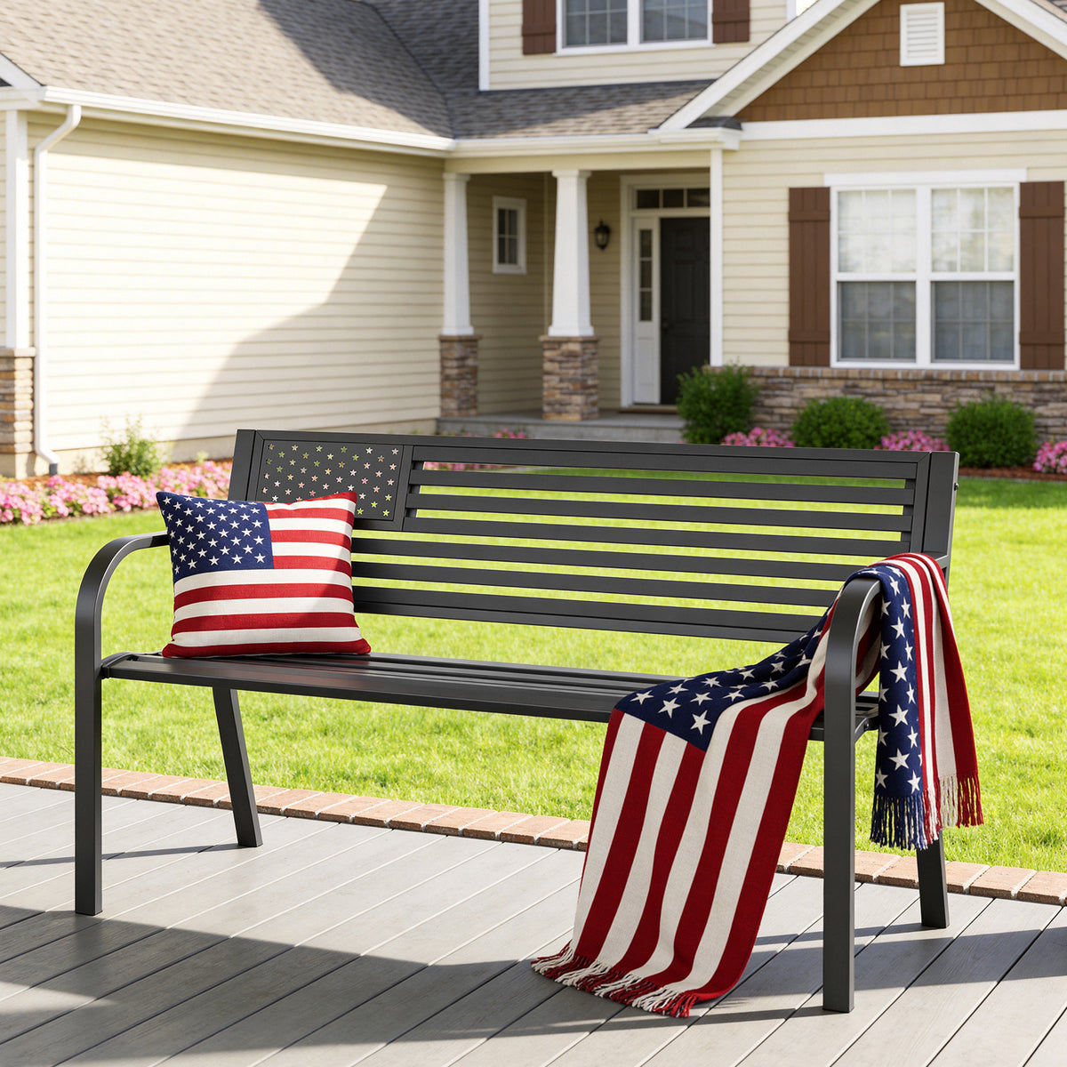 47" Outdoor Garden Bench, Iron Steel Frame Patio Bench with Backrest, Black