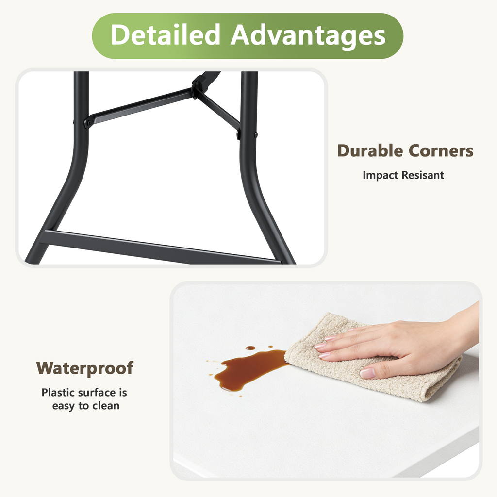 6ft Folding Table, Heavy Duty Plastic Card Table with Foldable Steel Legs, Metal Frame Support up to 600 lb, Portable for Indoor, Outdoor, Picnic, Camping, Dining, Party, Black