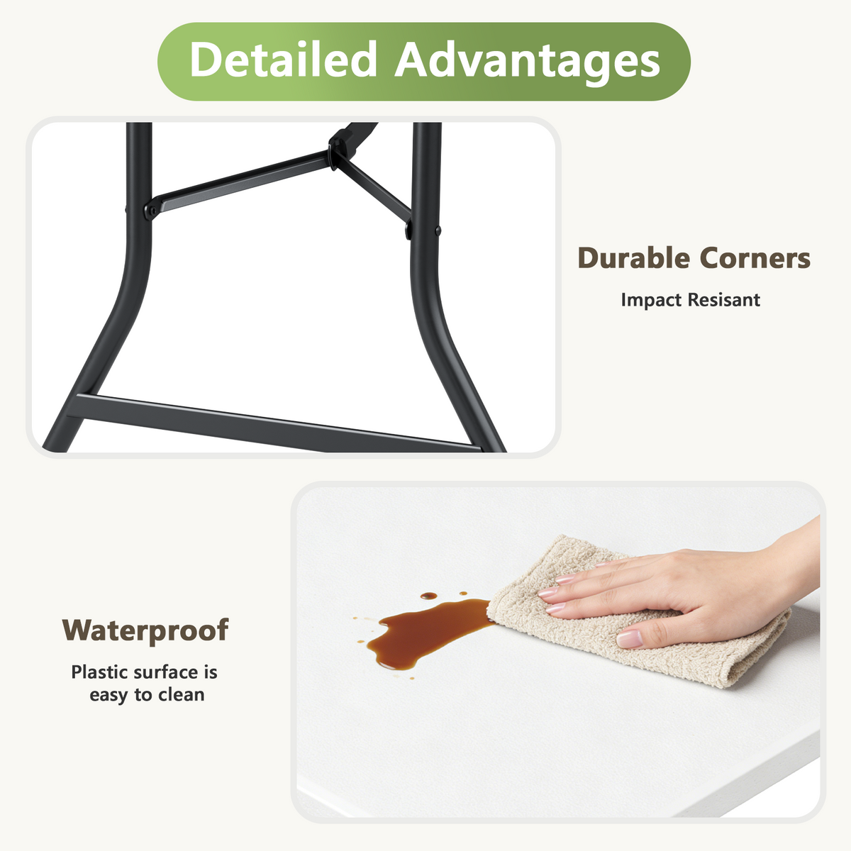 6ft Folding Table, Heavy Duty Plastic Card Table with Foldable Steel Legs, Metal Frame Support up to 600 lb, Portable for Indoor, Outdoor, Picnic, Camping, Dining, Party, Black