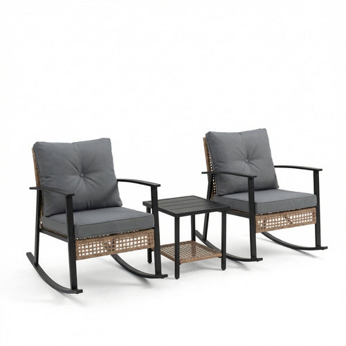 HaiNova 3 Piece Patio Rocking Chairs Set with Thick Warm Beige Cushions, Outdoor Rocking Chair Bistro Set with Chairs and Coffee Table Suitable for Garden, Backyard Porch and Balcony, Grey