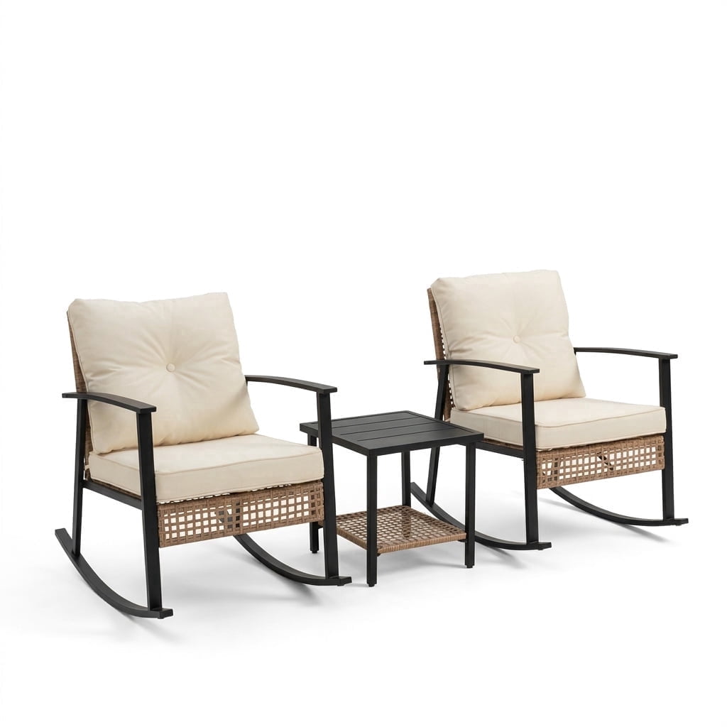HaiNova 3 Piece Patio Rocking Chairs Set with Thick Warm Beige Cushions, Outdoor Rocking Chair Bistro Set with Chairs and Coffee Table Suitable for Garden, Backyard Porch and Balcony, Grey