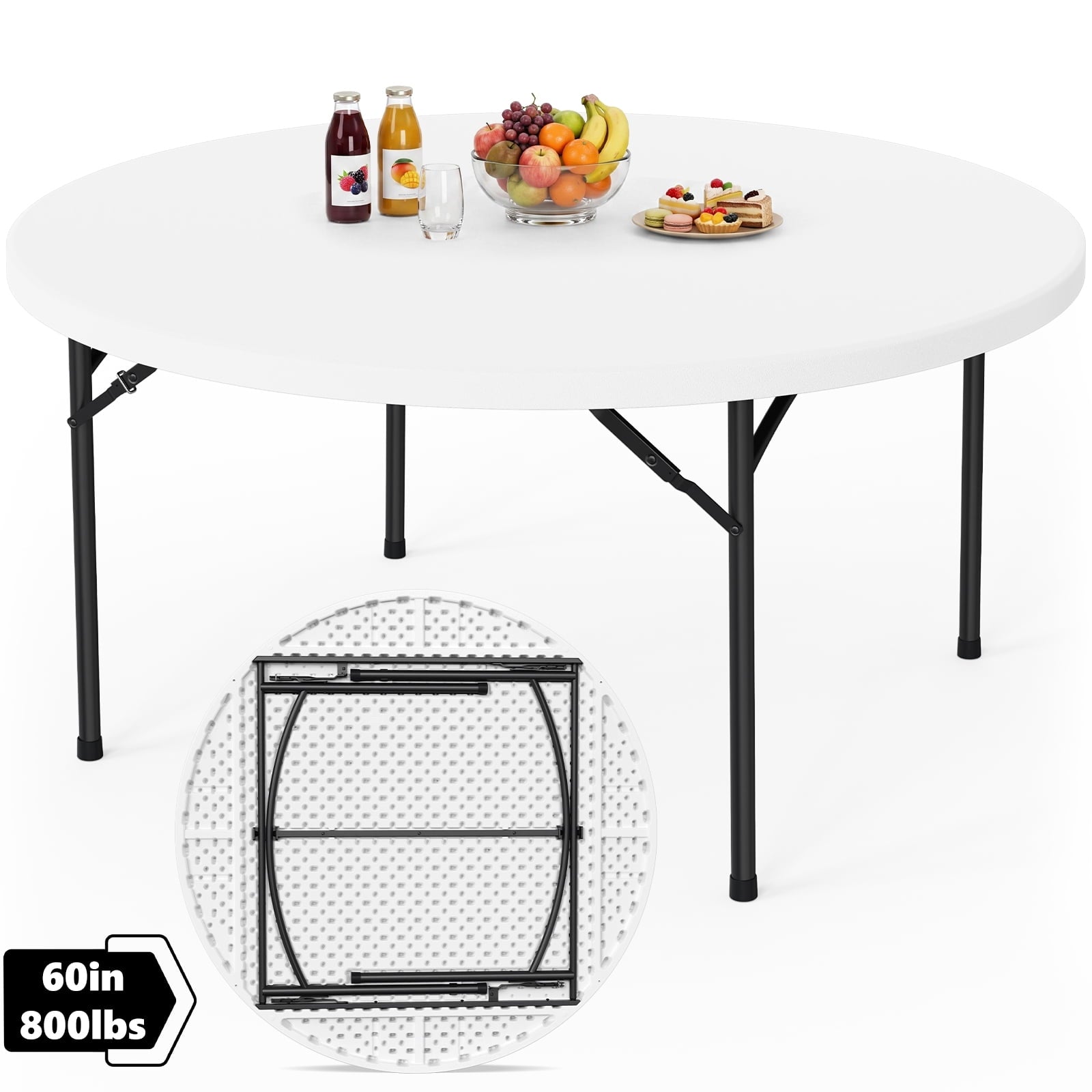 HaiNova 60in Round Folding Table, Heavy Duty Plastic Table for Commercial Event Wedding Party Desk, Accommodate 6-8 People, White