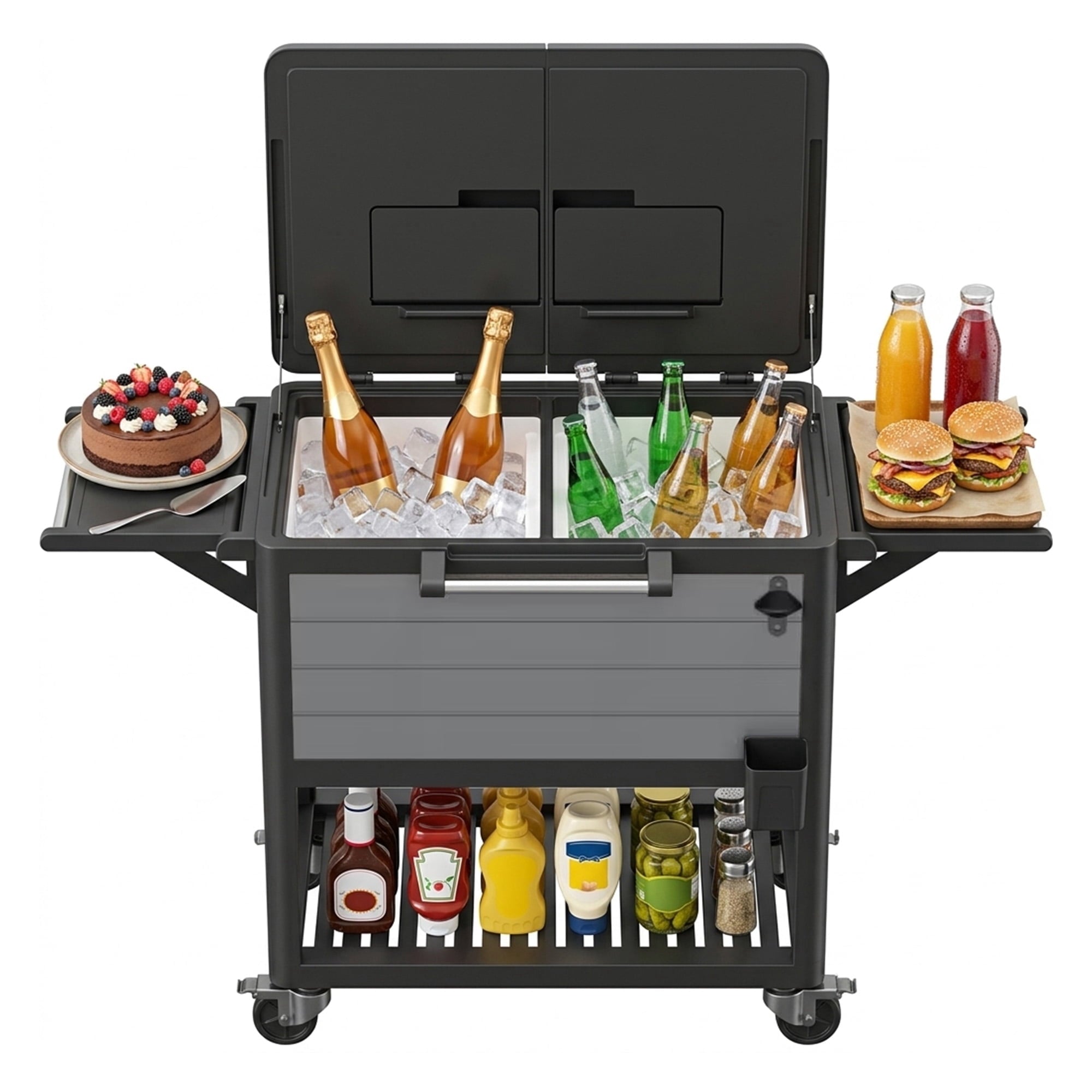 HaiNova Large Cooler Cart with Wheels，portable Outdoor Rolling Ice Chest with Storage Shelf & Bottle Opener for Drinks Party Camping ，khaki