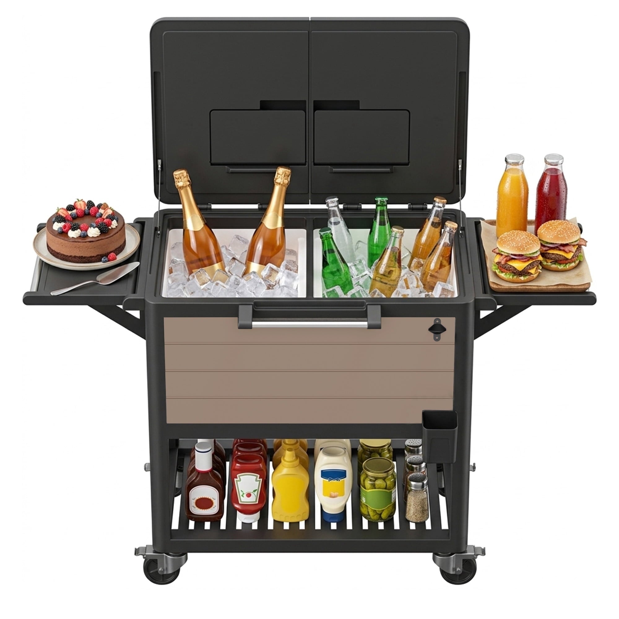 HaiNova Large Cooler Cart with Wheels，portable Outdoor Rolling Ice Chest with Storage Shelf & Bottle Opener for Drinks Party Camping ，khaki