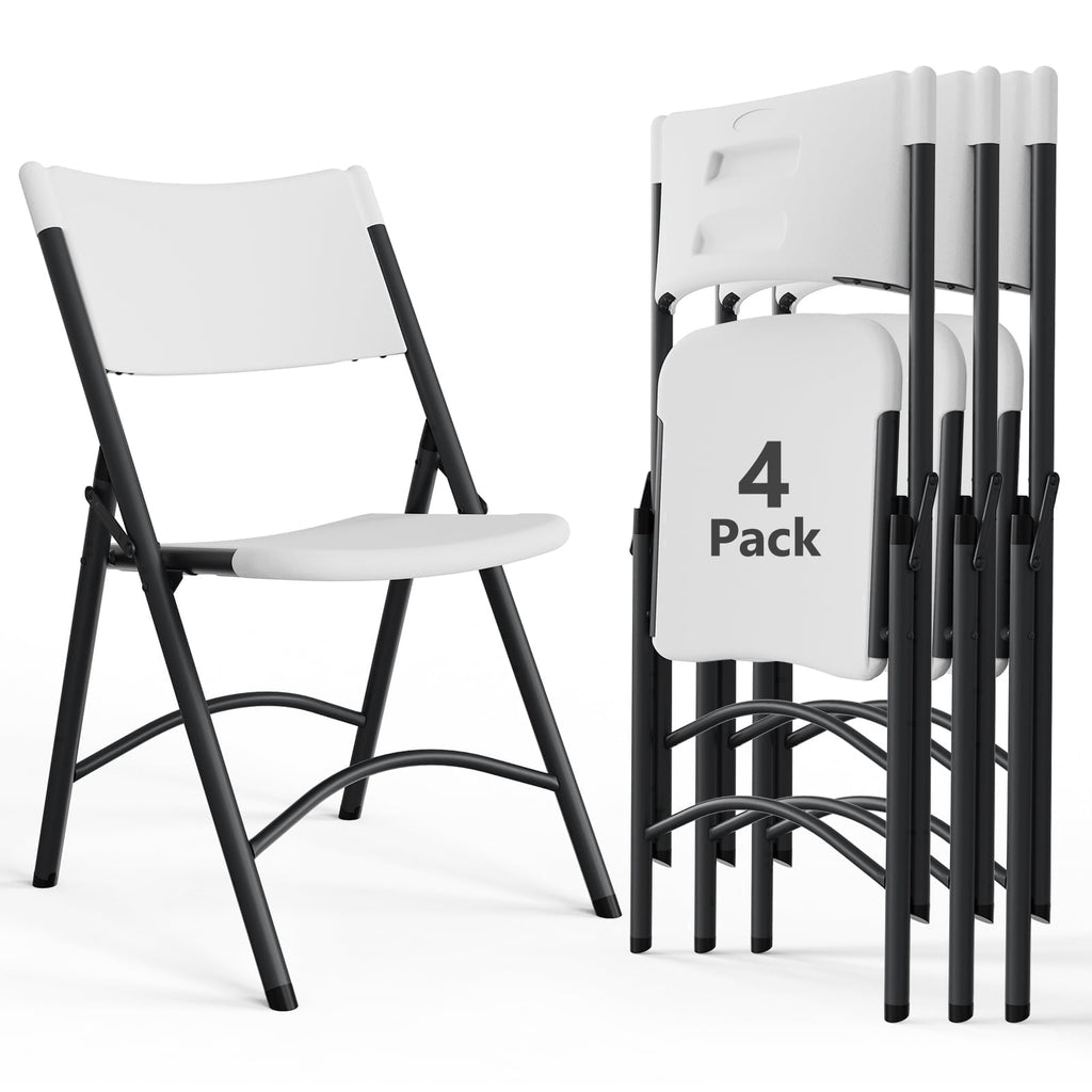 HaiNova 4 Pack White Blow-Molded Folding Chairs, Portable Chair for Adults, 600lbs Capacity Metal Frame, Comfortable Seat for Party, Banquet