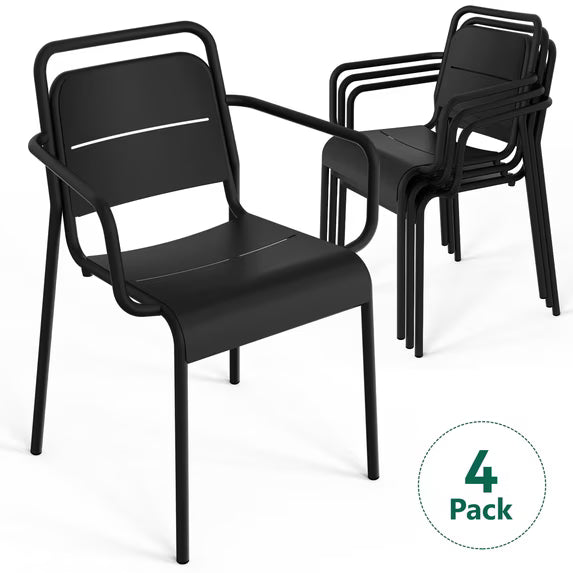 HaiNova Metal Stackable Dining Chairs with Armrest 4 Pack, Black Outdoor Heavy-Duty Chair, 300 lbs Max - All Weather for Indoor/Outdoor