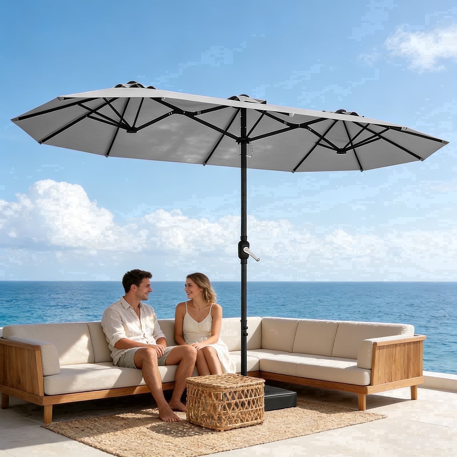 HaiNova 15Ft Patio Umbrella With Base-Mounted, Foldable And Portable Outdoor Sunshade For Backyards, Beaches And Gardens, Khaki