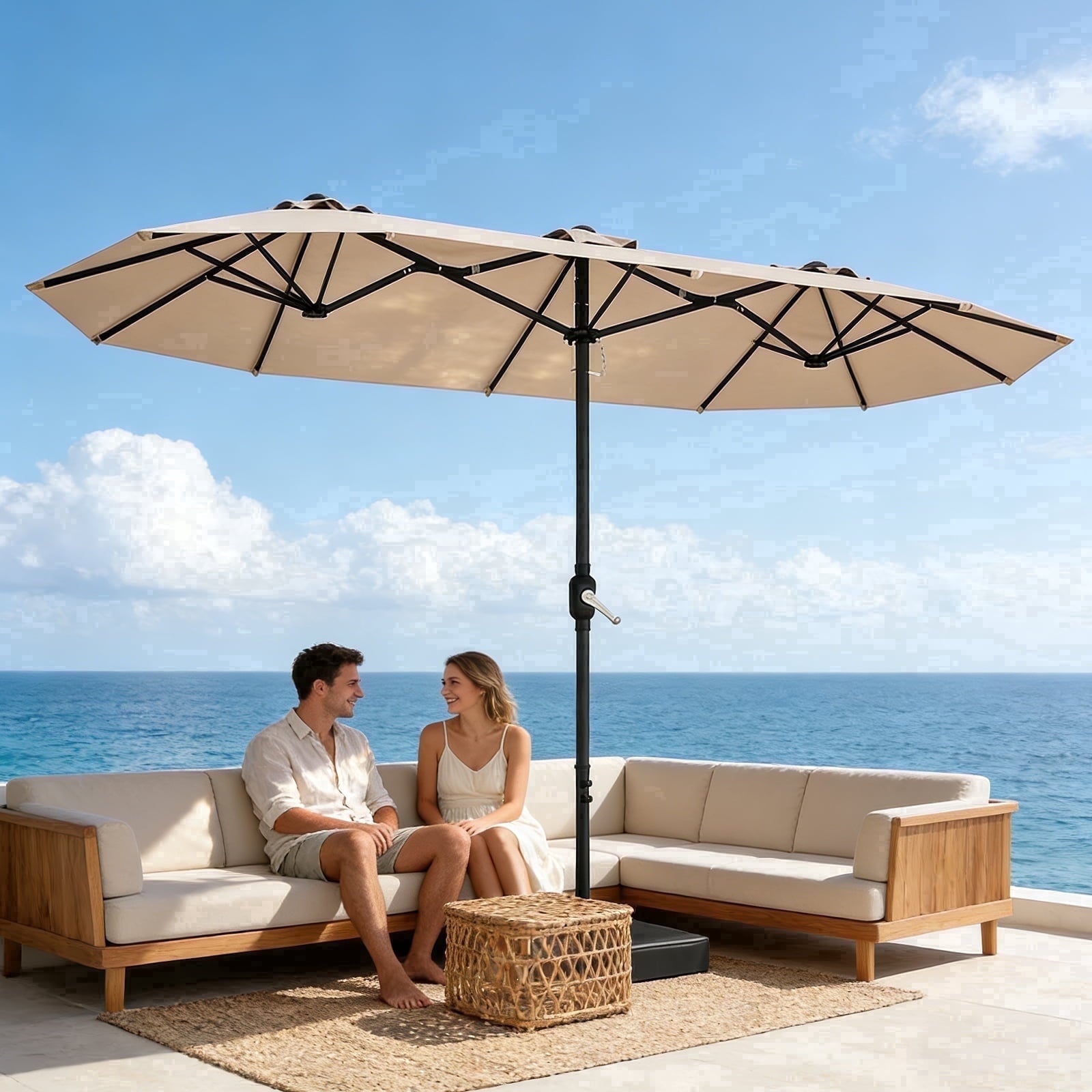 HaiNova 15Ft Patio Umbrella With Base-Mounted, Foldable And Portable Outdoor Sunshade For Backyards, Beaches And Gardens, Khaki
