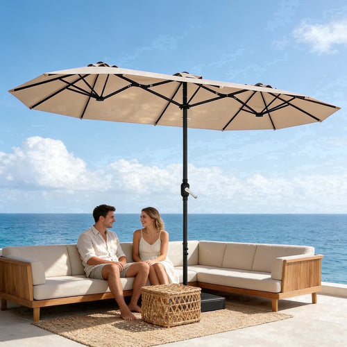 HaiNova 15Ft Patio Umbrella With Base-Mounted, Foldable And Portable Outdoor Sunshade For Backyards, Beaches And Gardens, Khaki