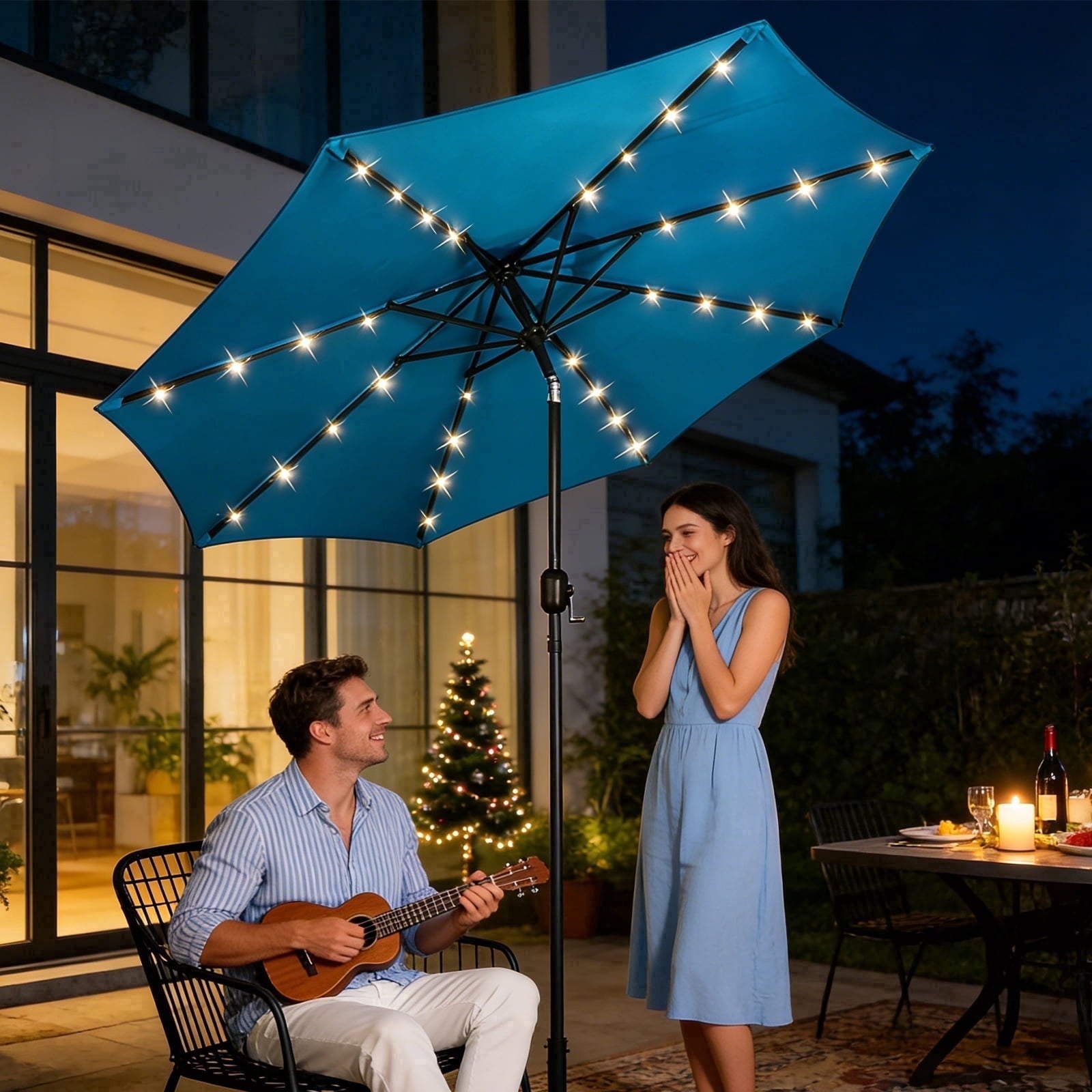 HaiNova 9ft Solar Patio Umbrella, Tilt Adjustment LED Outdoor Umbrella with 8 Reinforced Ribs for Garden, Backyard, Pool, Khaki