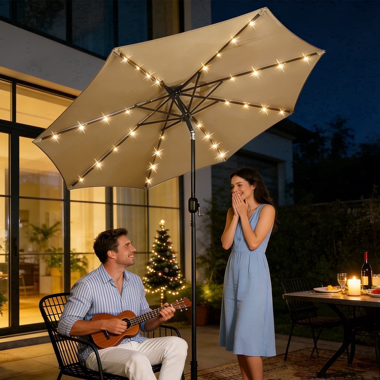 HaiNova 9ft Solar Patio Umbrella, Tilt Adjustment LED Outdoor Umbrella with 8 Reinforced Ribs for Garden, Backyard, Pool, Khaki
