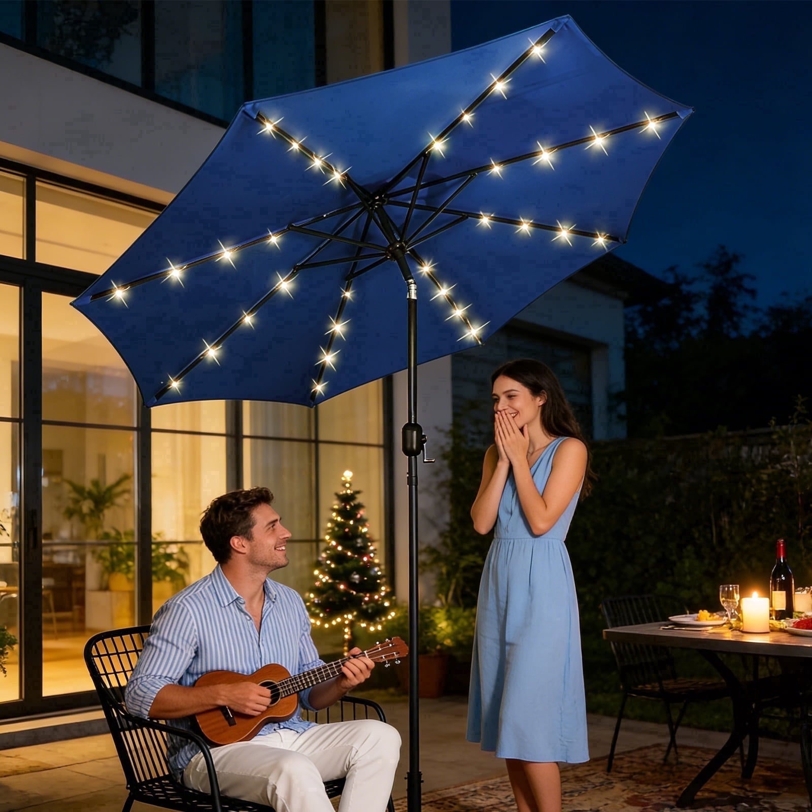 HaiNova 9ft Solar Patio Umbrella, Tilt Adjustment LED Outdoor Umbrella with 8 Reinforced Ribs for Garden, Backyard, Pool, Khaki