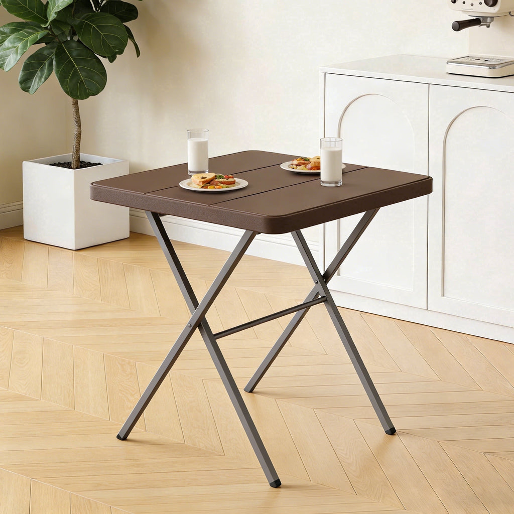 WLLJOY 27 Inch Patio Coffee Folding Table, Firm Utility Square Tea Table, Metal Rust-Proof Frame, for Patio, Garden, Picnic, Outside Portable Brown