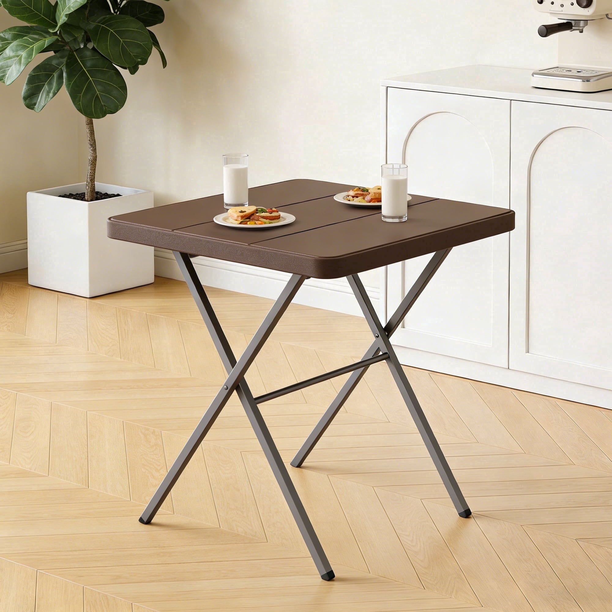 WLLJOY 27 Inch Patio Coffee Folding Table, Firm Utility Square Tea Table, Metal Rust-Proof Frame, for Patio, Garden, Picnic, Outside Portable Brown