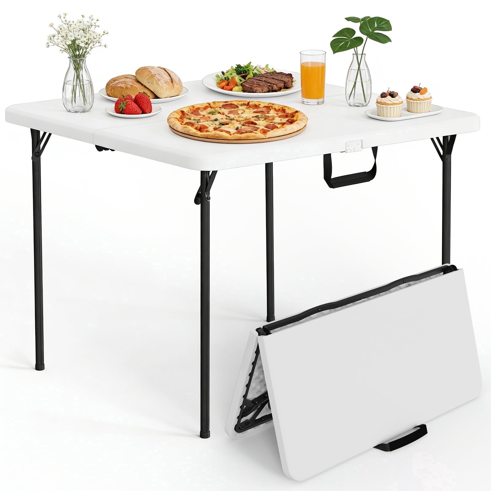 HaiNova 36in Square Folding Table, Portable Plastic Table with Handle Suitable for Party and Parties Backyard Events, White