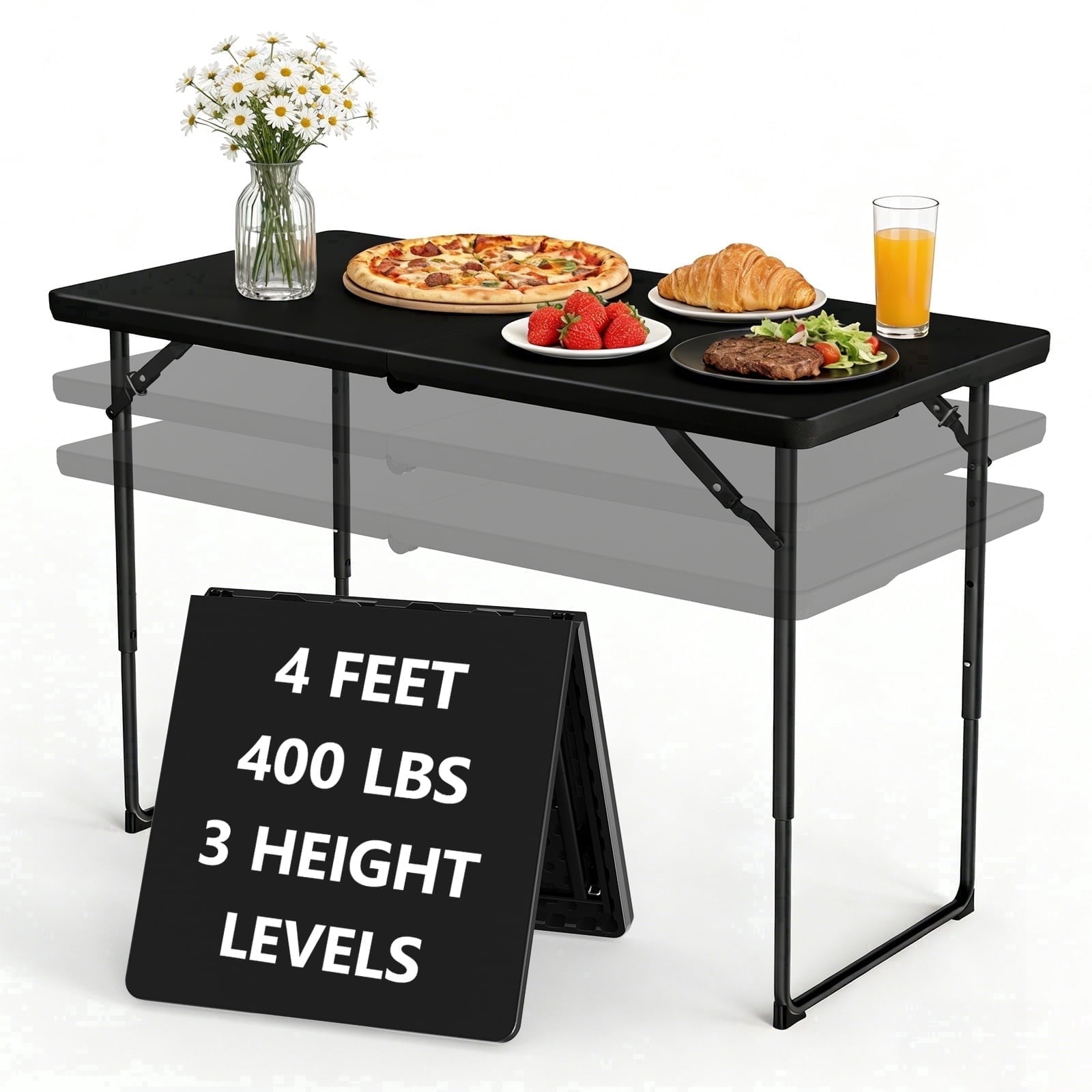 HaiNova 4 Ft Adjustable Height Folding Table, Max Load 400lbs, Portable Camping Table with Handle for Home Party, Camping Parties and Weddings, Black