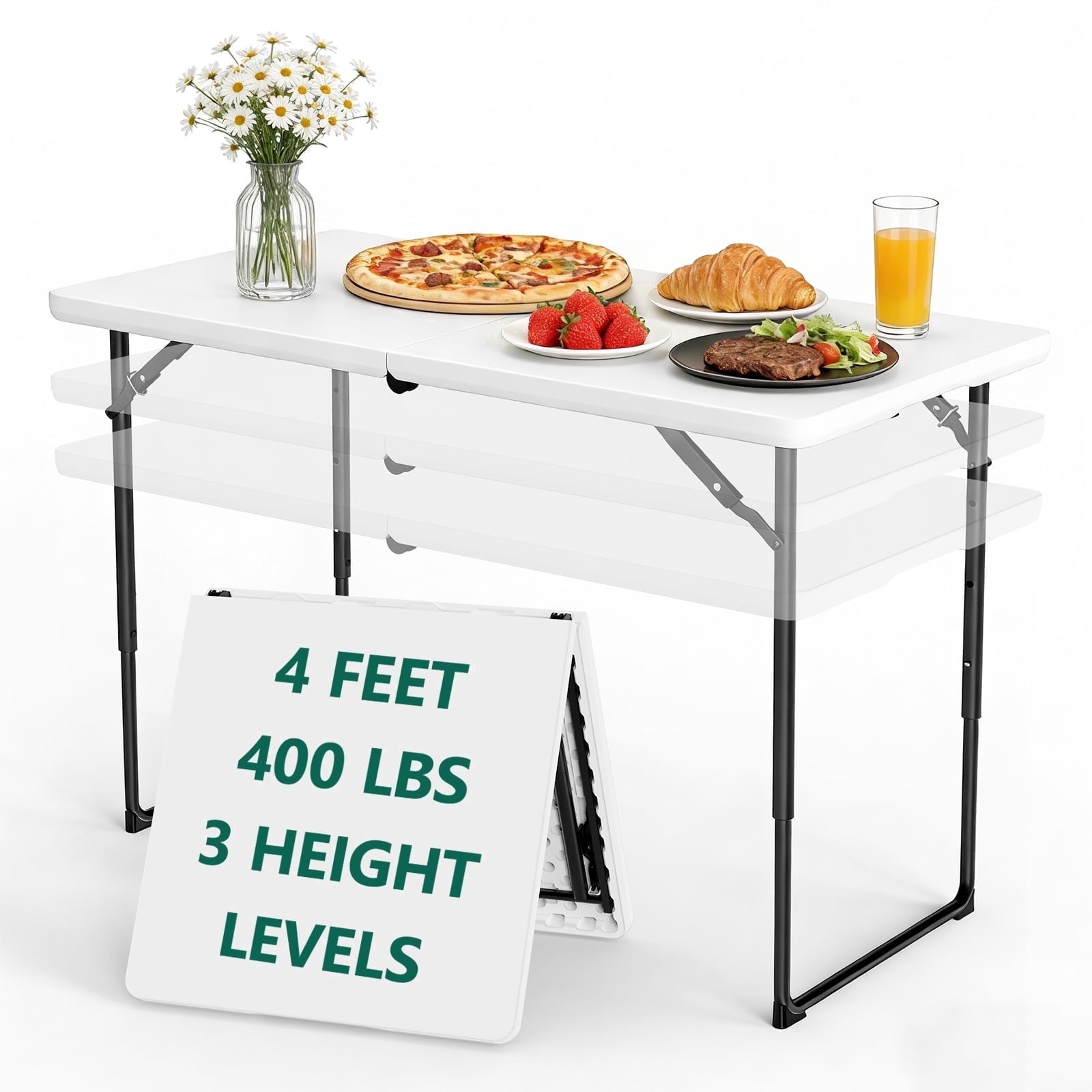 HaiNova 4 Ft Adjustable Height Folding Table, Max Load 400lbs, Portable Camping Table with Handle for Home Party, Camping Parties and Weddings, Black