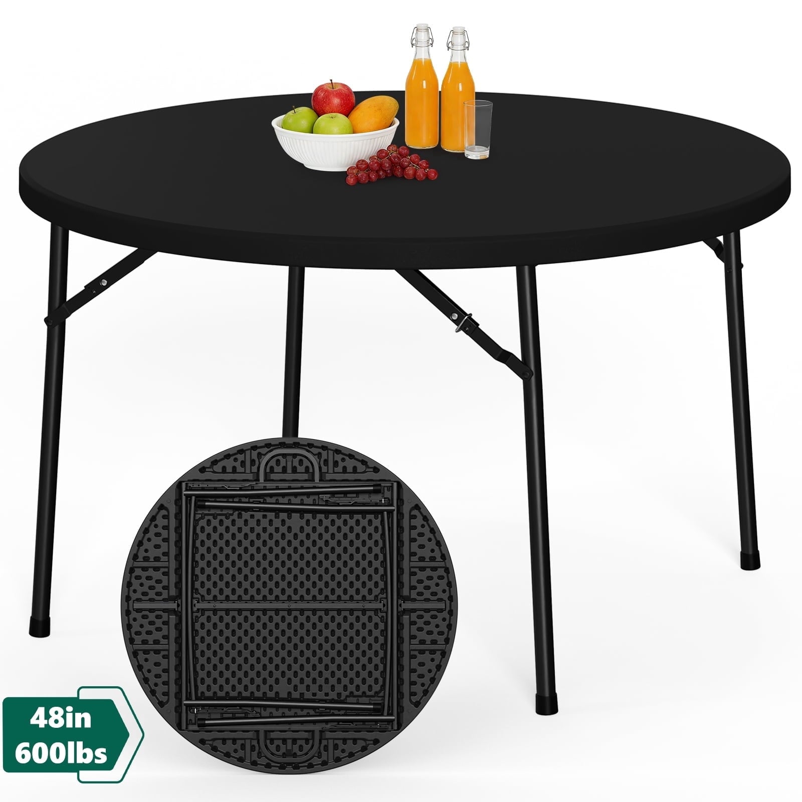 HaiNova 48in Round Folding Table, Portable Plastic Table for Indoor/Outdoor Events, Can Accommodate 4-6 People, Black