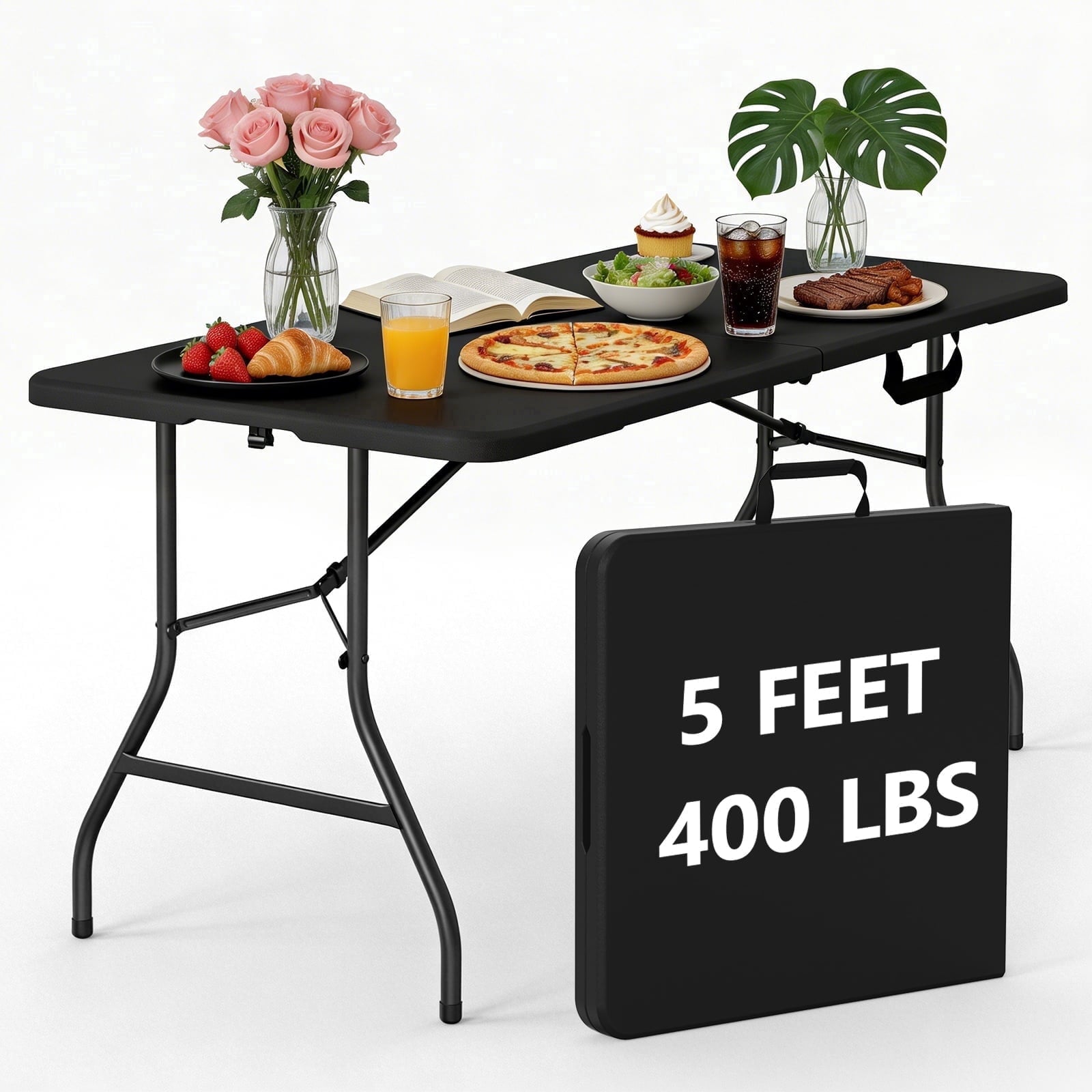HaiNova 5ft Folding Table, Portable Heavy Duty Picnic Table with Portable Handle, Durable, Suitable for Dinner, Wedding, Camping, White.