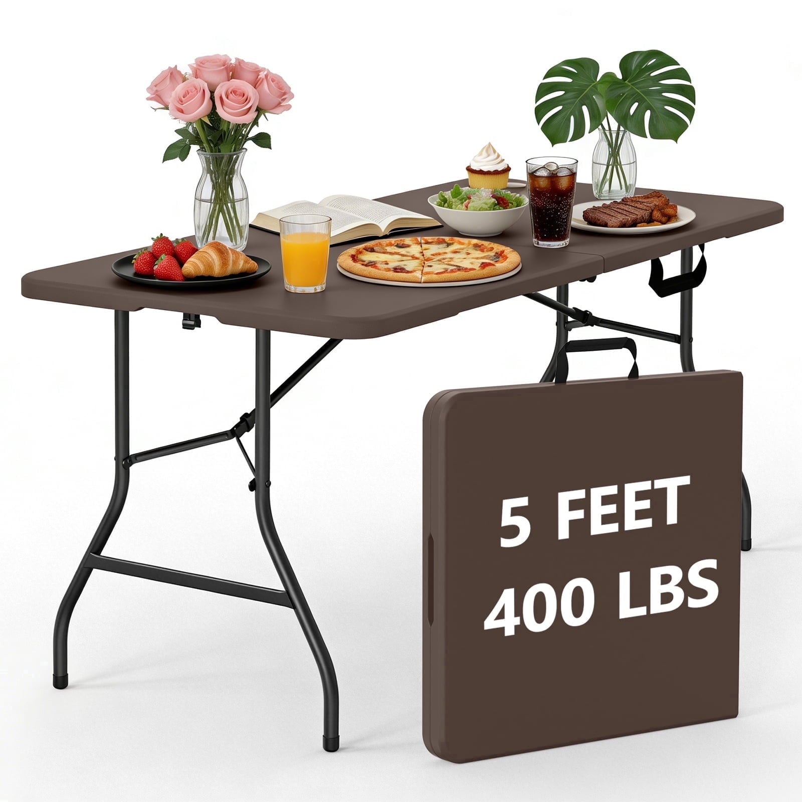 HaiNova 5ft Folding Table, Portable Heavy Duty Picnic Table with Portable Handle, Durable, Suitable for Dinner, Wedding, Camping, White.