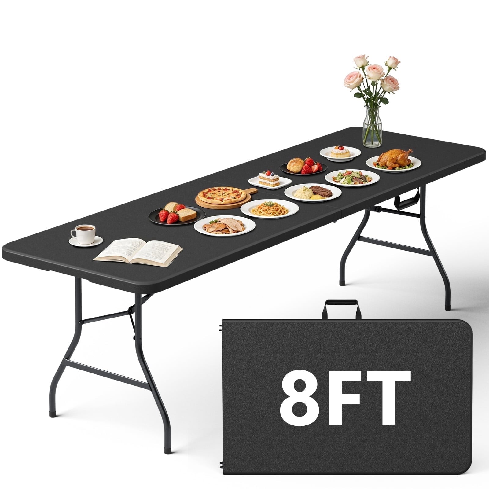 HaiNova 8FT Folding Table, Portable Heavy Duty Camping Table with Carrying Handle, Anti-fouling and Sun-Proof Suitable for Meetings, Parties, Camping and Weddings, White