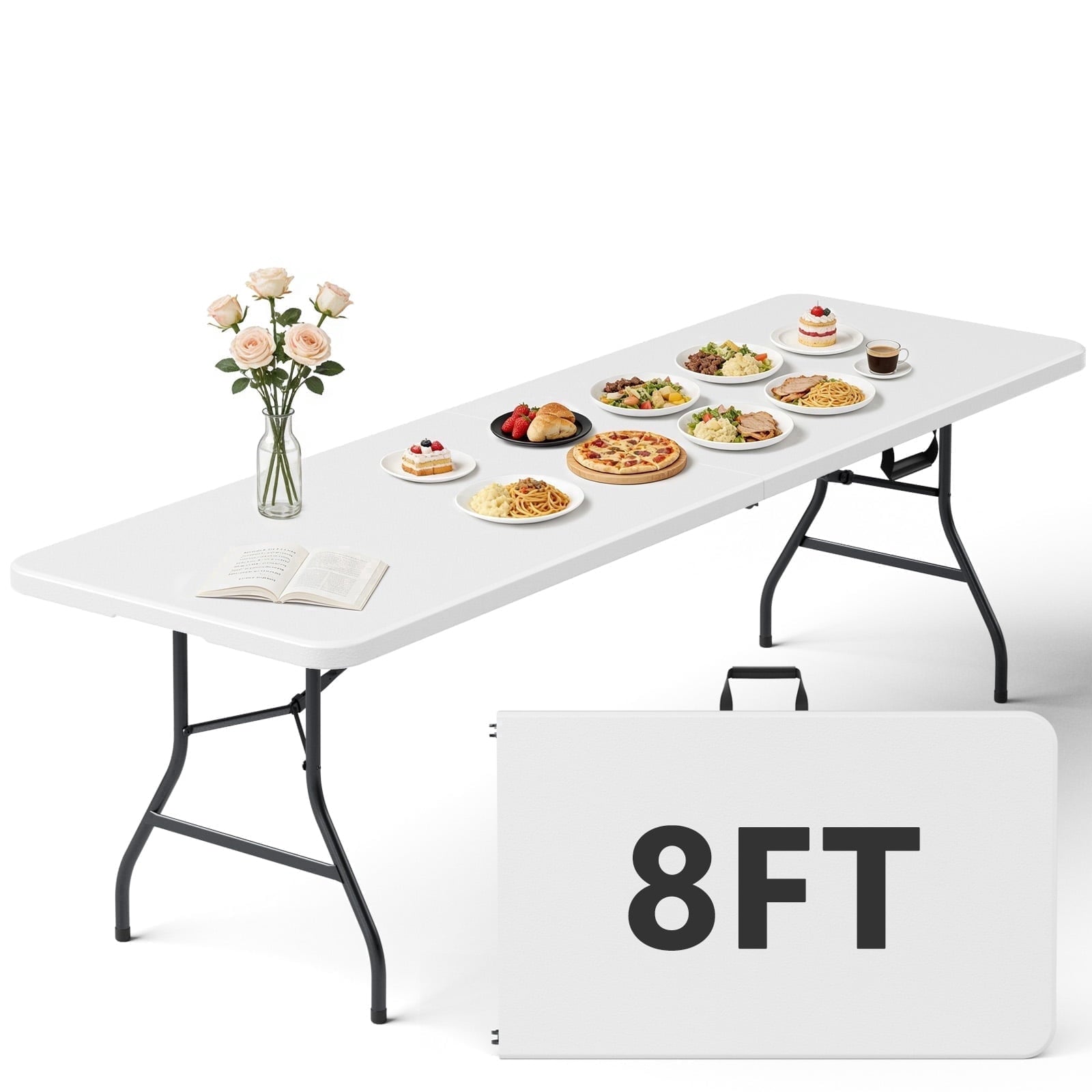 HaiNova 8FT Folding Table, Portable Heavy Duty Camping Table with Carrying Handle, Anti-fouling and Sun-Proof Suitable for Meetings, Parties, Camping and Weddings, White